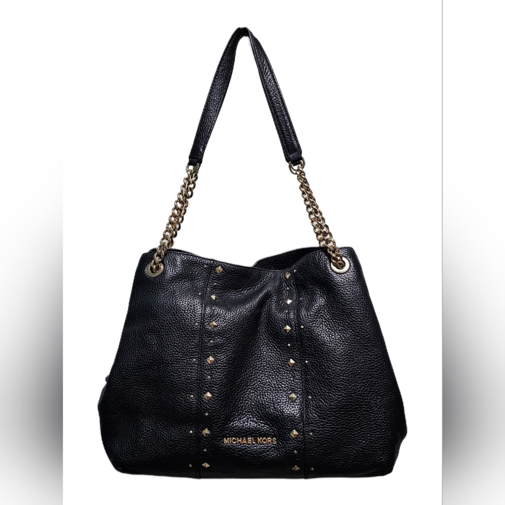 Michael Kors Jet Set Studded Leather Black Handbag Shoulder Tote Travel Bag Chic - Picture 1 of 16